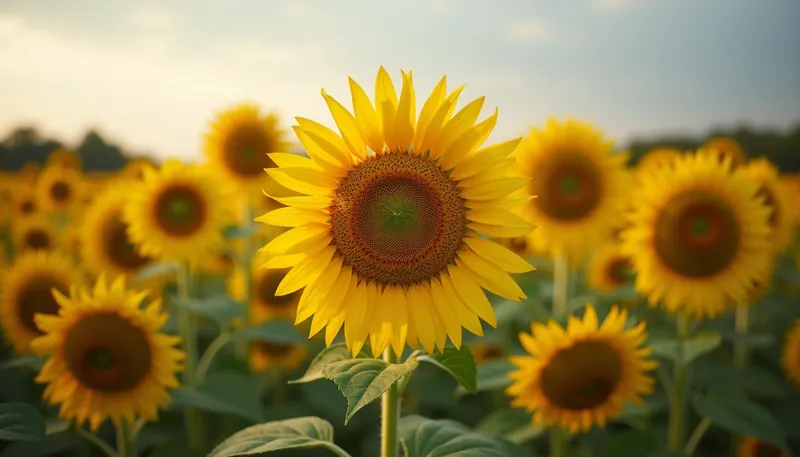 Sunflower field with one bloom in sharp focus