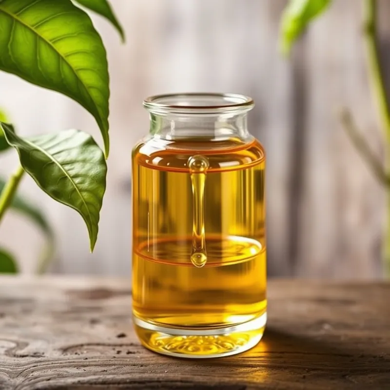 Glass jar of oil on weathered wood with a green leaf