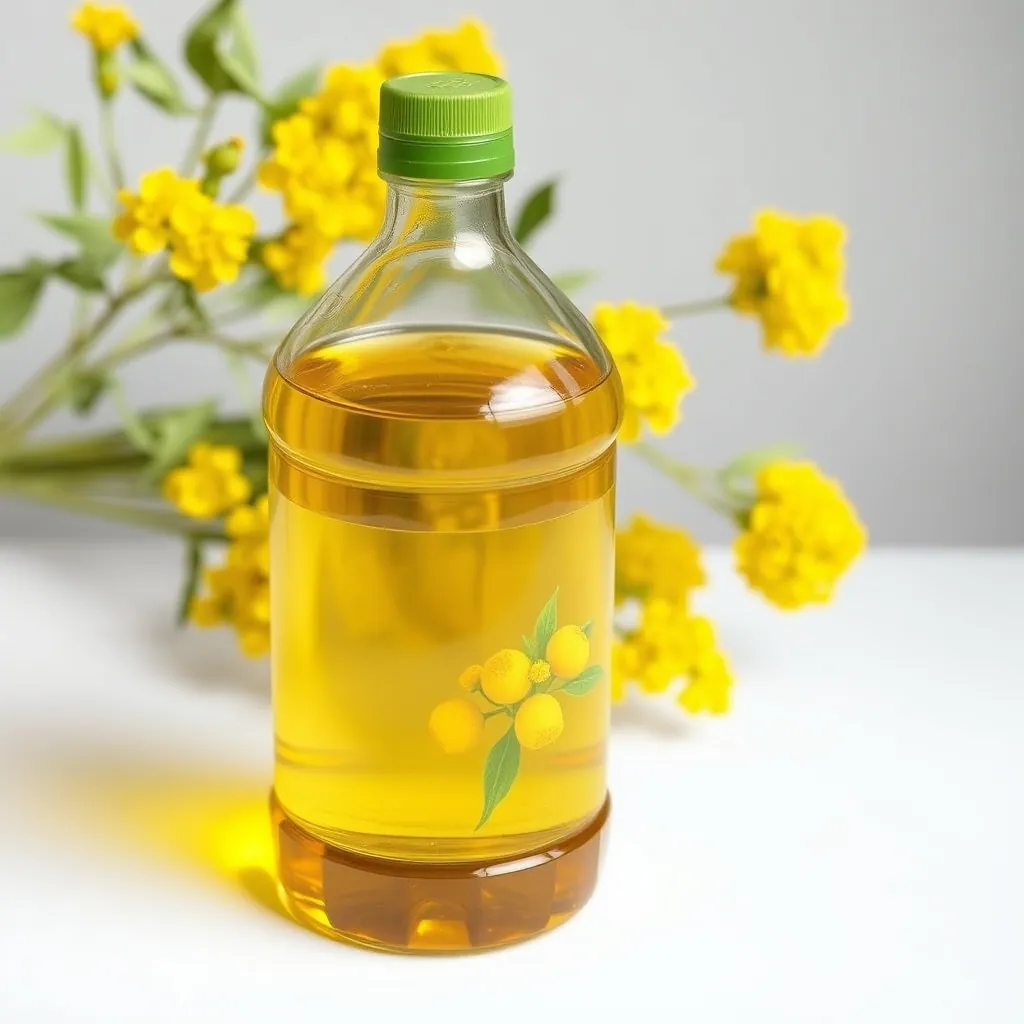 PET bottle of refined oil with yellow rape flowers
