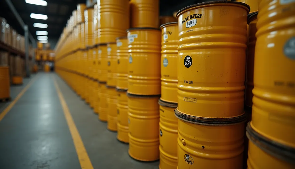 Yellow steel drums of oil stacked in a warehouse