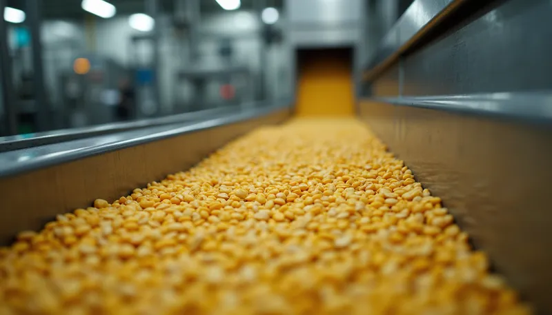 Sunflower seeds on a stainless steel conveyor in a plant